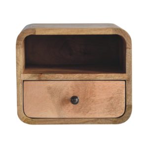 Extra Mini Mesa de Cabeceira Curva de Carvalho com Slot Aberto para Montagem na Parede