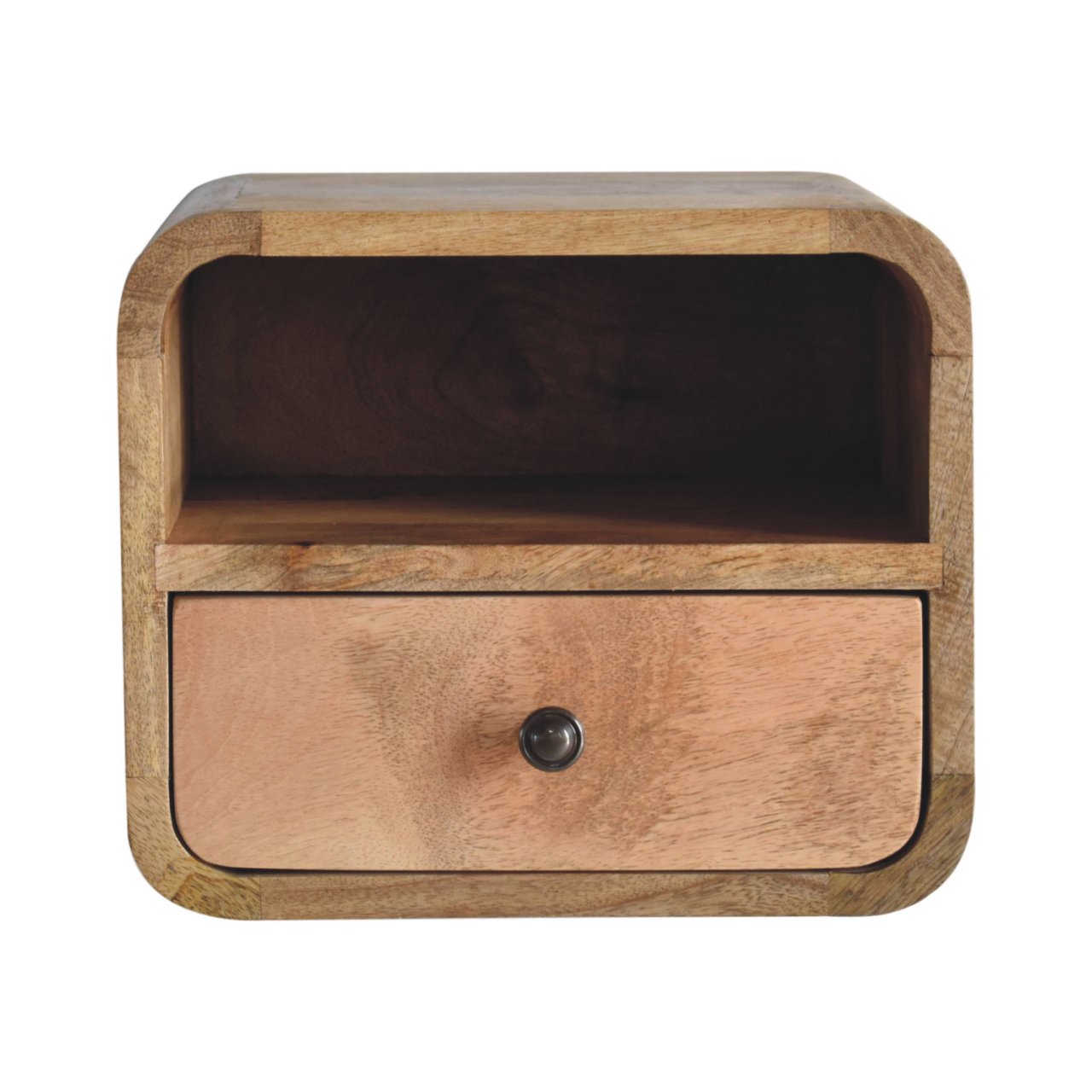 Extra Mini Mesa de Cabeceira Curva de Carvalho com Slot Aberto para Montagem na Parede