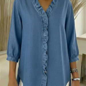 Blusa casual de ganga com folhos